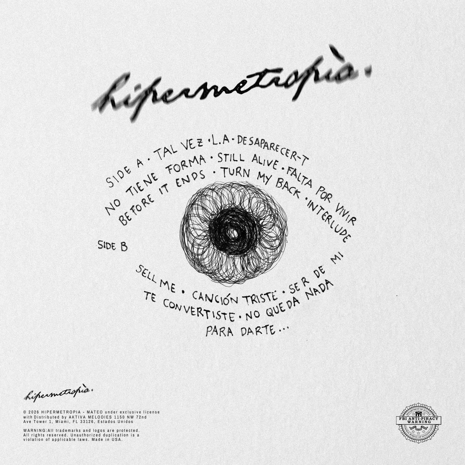 Contraportada de Hipermetropía con el tracklist en órbita